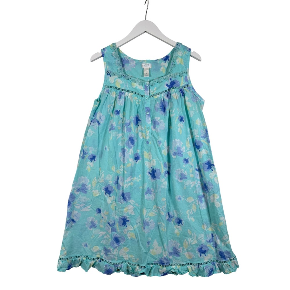 Adonna Short Nightgown Medium Teal Floral Sleeveless Cotton Good Ruffle Hem